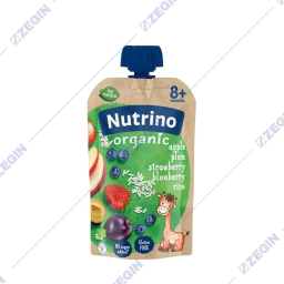 Nutrino Organic Apple, Plum, Strawberry, Blueberry, Rice organsko pire so sliva, jagoda, borovinka, oriz