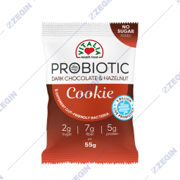 Vitalia Probiotic Dark Chocolate & Hazelnut Cookie probiotsko kolace so mlecen kakao preliv, temno cokolado i lesnici