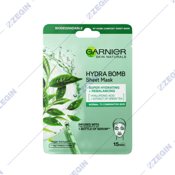 garnier skin naturals hydra bomb sheet mask super hydrating + rebalancing hyaluronic acid + extract of green tea maska za lice so hijaluronska kiselina i zelen caj